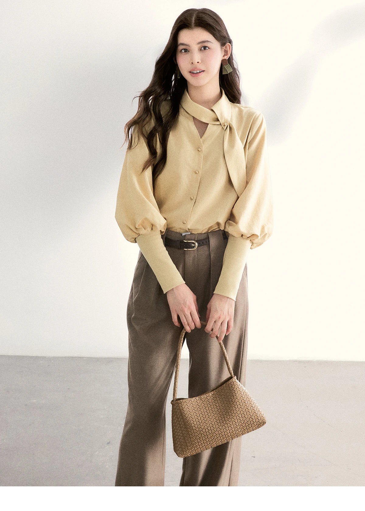 MISHOW Women's Tie Neck Shirts Spring Hollow-out Knitted Patchwork Puff Sleeve Tops Casual Elegant Shirt Office Lady MXF108C0812