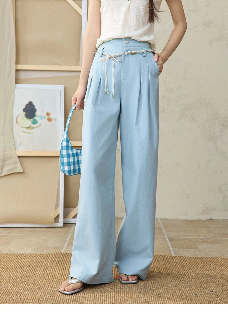MISHOW Sea Salt Blue Wide Leg Pants 2025 Summer Contrasting Bead Belt Cotton Blend Trousers Slim Commuting Pants MXE35K0931