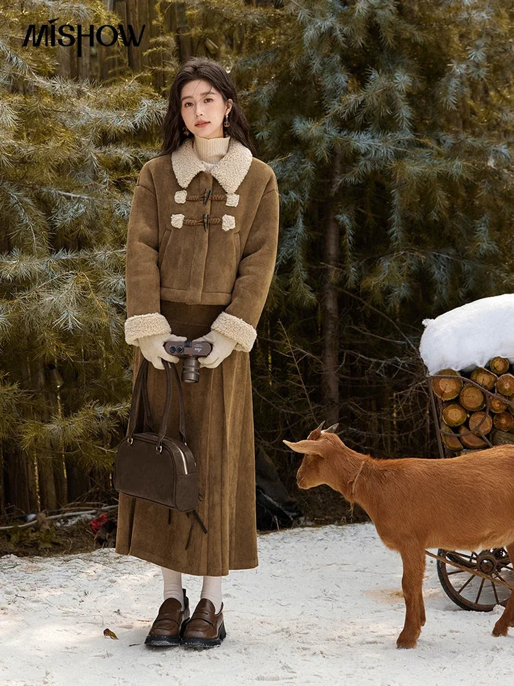 MISHOW Vintage Coats Midi Skirts Separately Brown Suede Plush Jacket Bull Horn Buckle Spliced Design Thick Warm Top MXD36W0500
