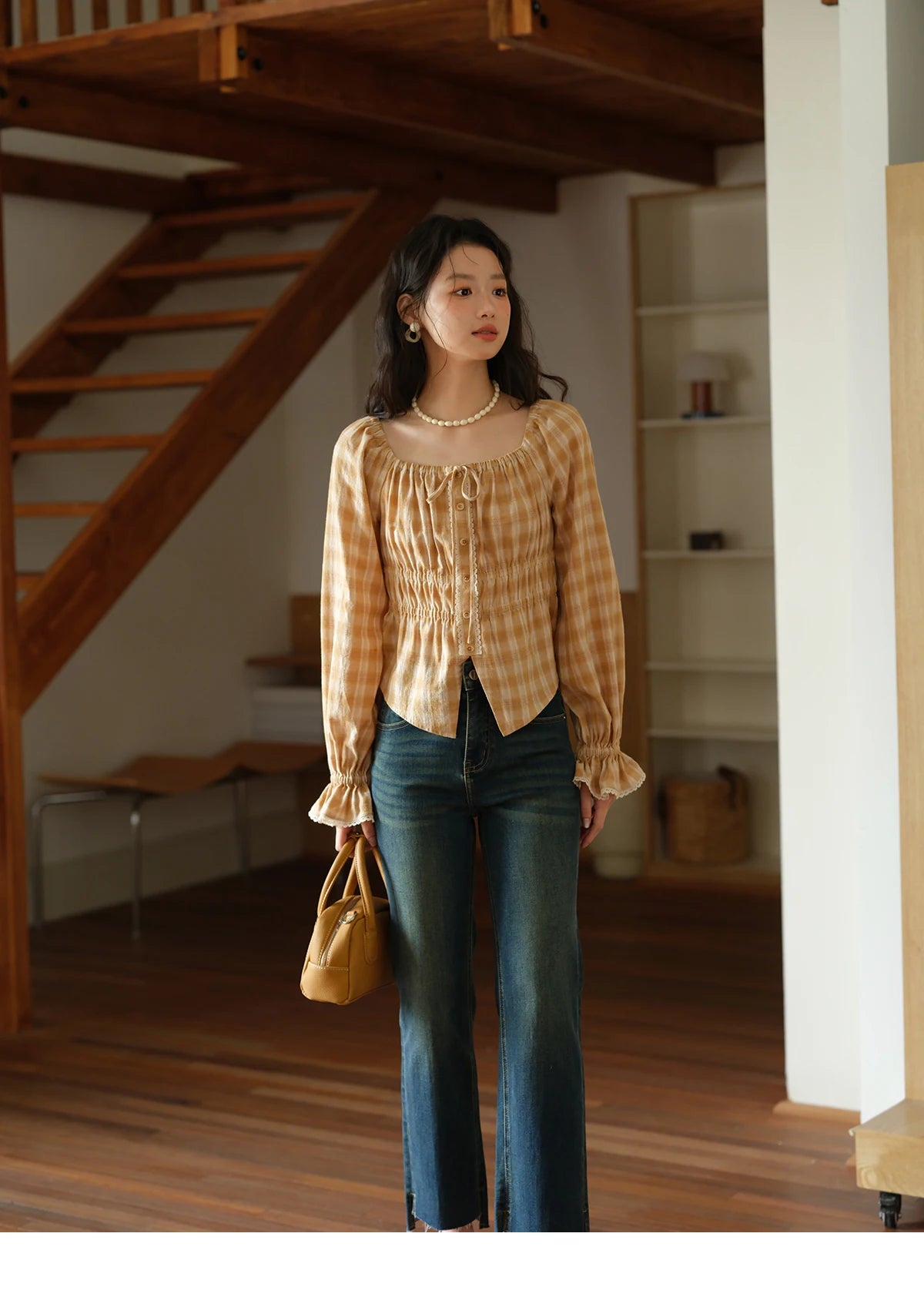 MISHOW Yellow Plaid Blouse for Women 2025 Autumn Korean Waist Square Neck Top Cuff Patchwork Lace Puff Sleeve Blouses MXE43X1986