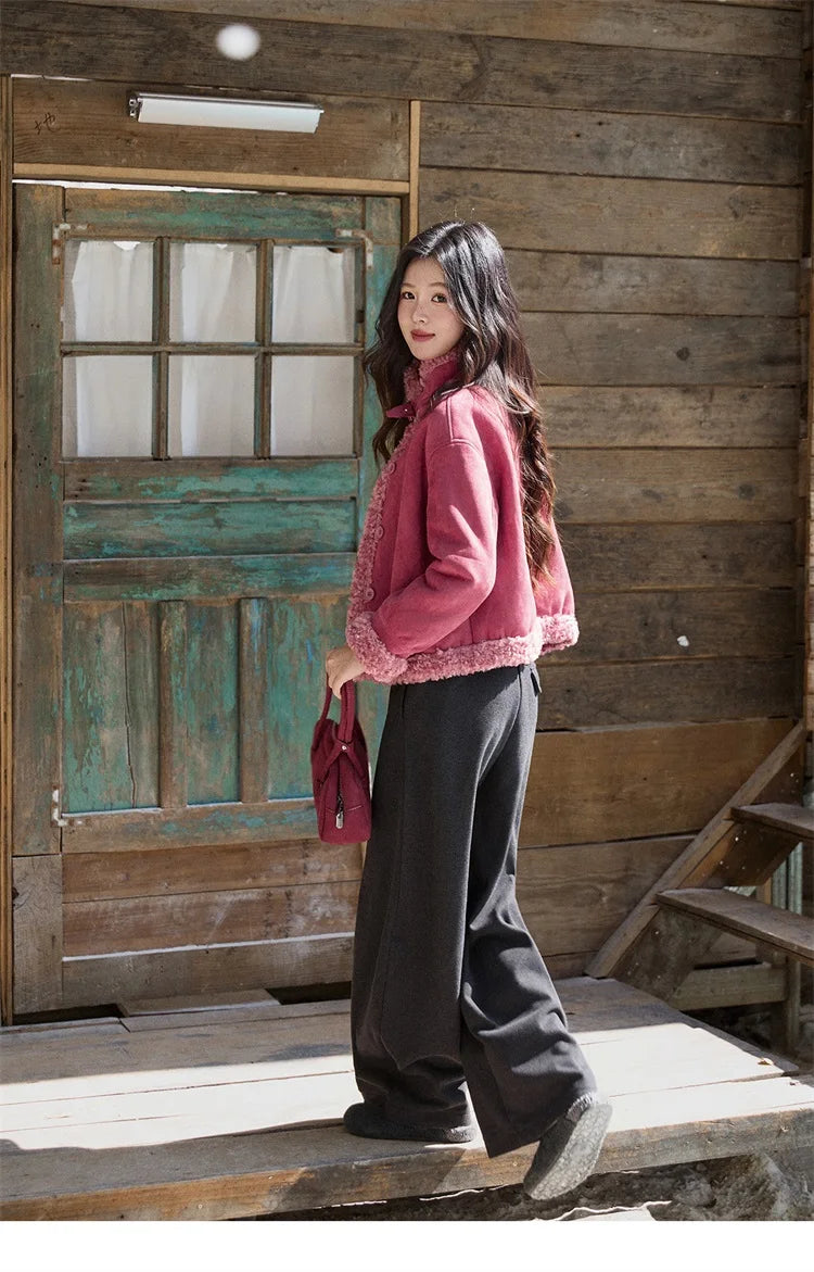 MISHOW Women's Dragon Fruit Red Suede Patchwork Coat 2025 Winter Color Block Stand Collar Thickened Short Outerwear MXE87W0942