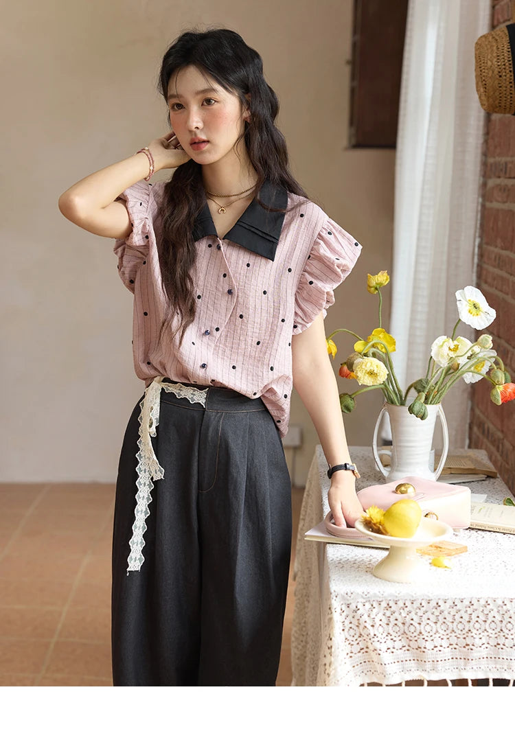 MISHOW Summer Office Lady Blouses Women 2025 Short Sleeve Turn-down Collar Polka Dot Shirts Female Fashion Slim Tops MXE31C0776