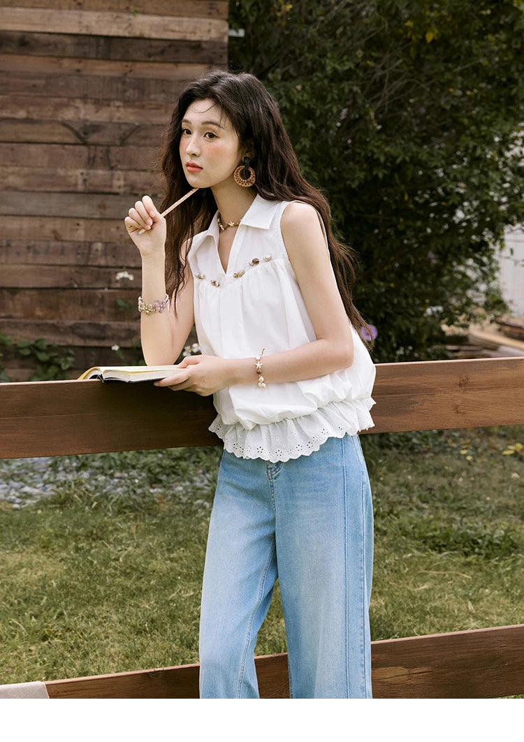 MISHOW Office Lady New Blouse Women Summer New Sleeveless Turn-down Collar Hollow Lace Shirts Female Slimming Fashion MXE31X1760