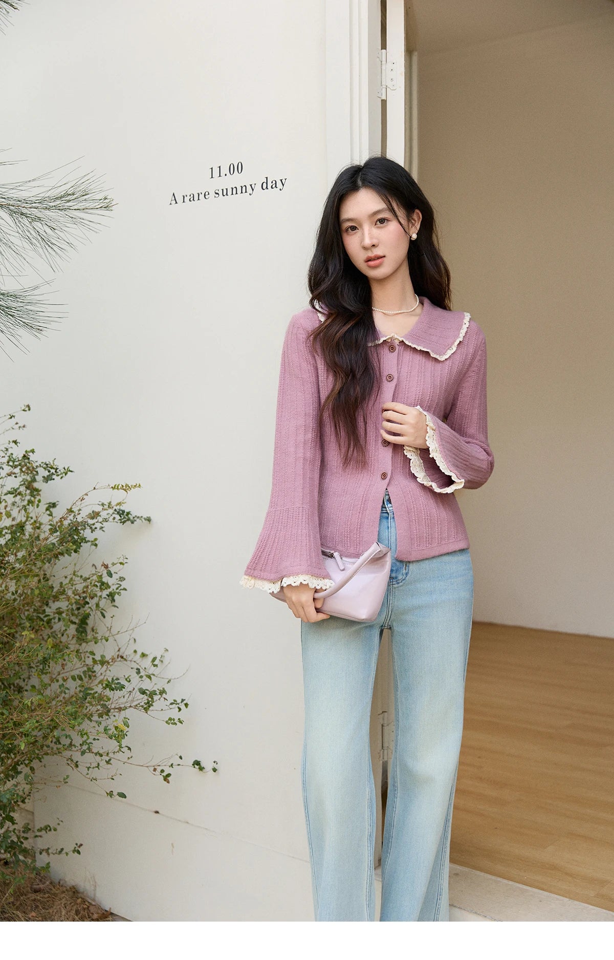 MISHOW Women's Lilac Flare Sleeve Knitted Cardigan 2026 Spring Peter Pan Collar Lace Trim Long Sleeve Slim Casual Top MXF11Z2994