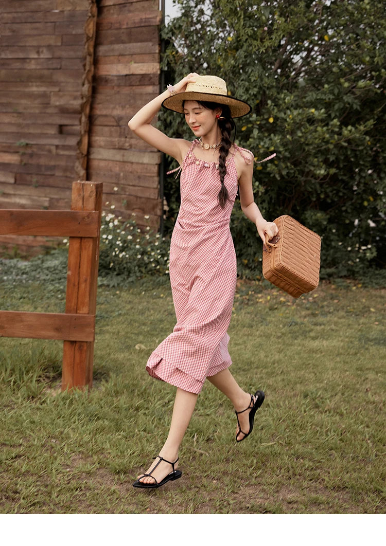 MISHOW Red Plaid Summer Camisole Dress Women New 2025 Sleeveless Elastic Waist Retro Dresses Woman Sweat Fashion MXE32L2198