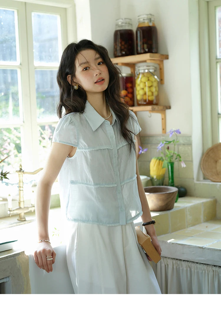 MISHOW Women's Turn-down Collar Button Casual Shirt 2025 Summer New Ladies Wear Edge Splicing Commut Short Sleeve Top MXE39C2363