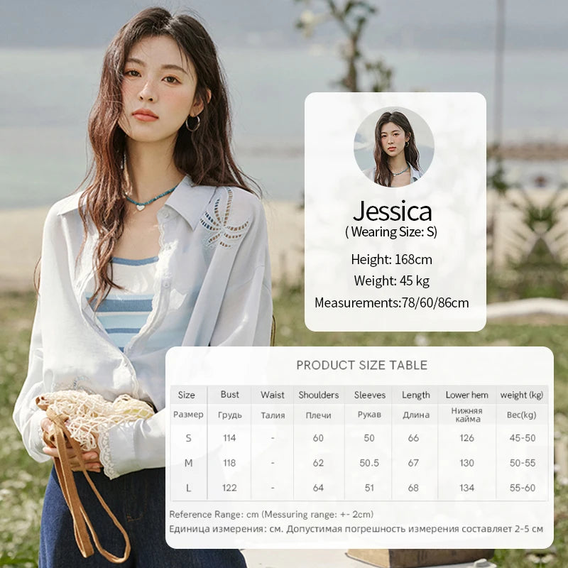 MISHOW Blue Office Lady Shirts Women 2025 Summer New Round Neck Long Sleeve Hollow Embroidery Blouses Female Fashion MXE31C0775