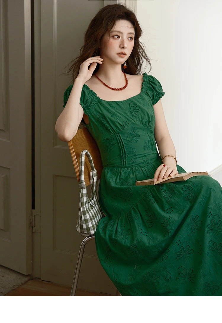 MISHOW Women's French Fashion Square Neck Dress 2025 Summer New Puff Sleeve Embroidery Midi Dresses Ladies Clothing MXE39L2325