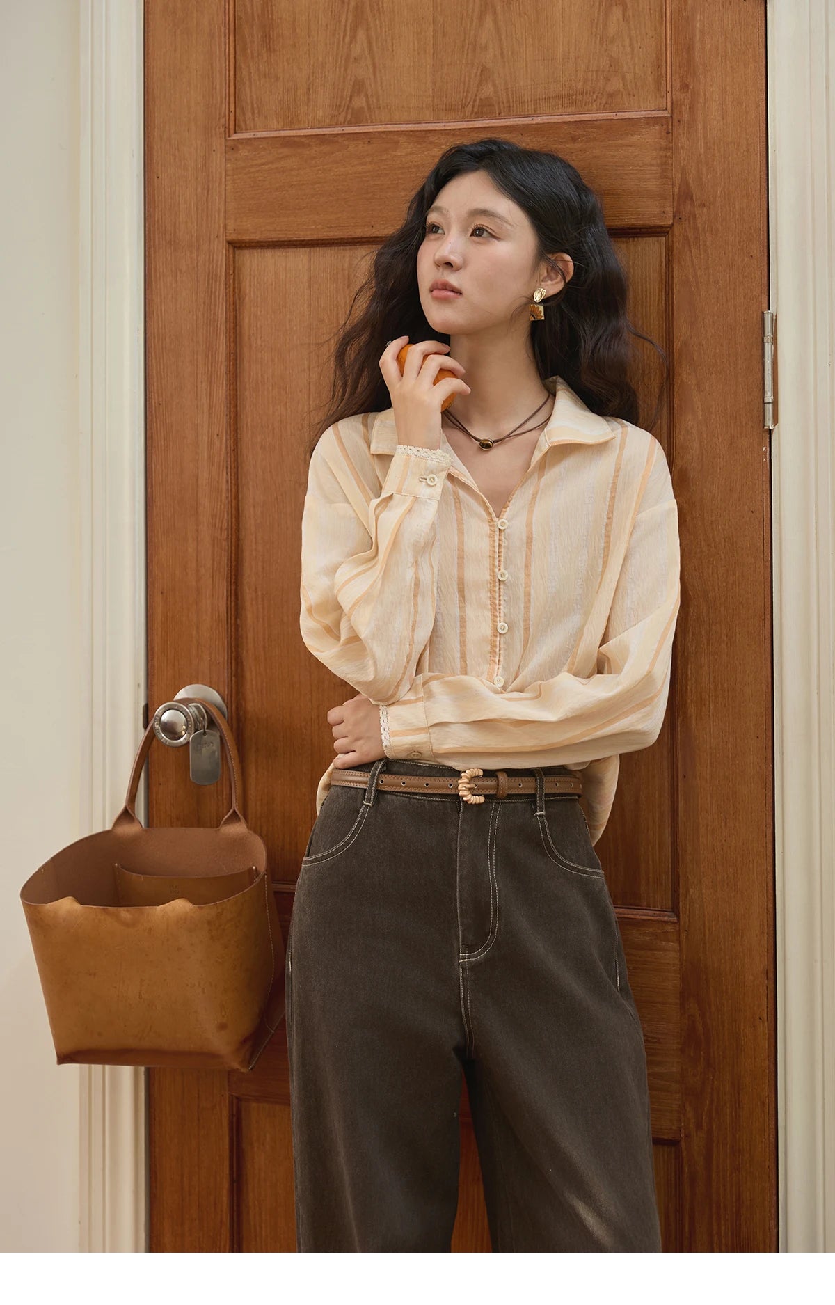 MISHOW Women's Korean Orange Stripe Linen Shirt 2025 Autumn Lapel Collar Lace Trim Cuffs Breathable Shirt Office Lady MXE43C2379