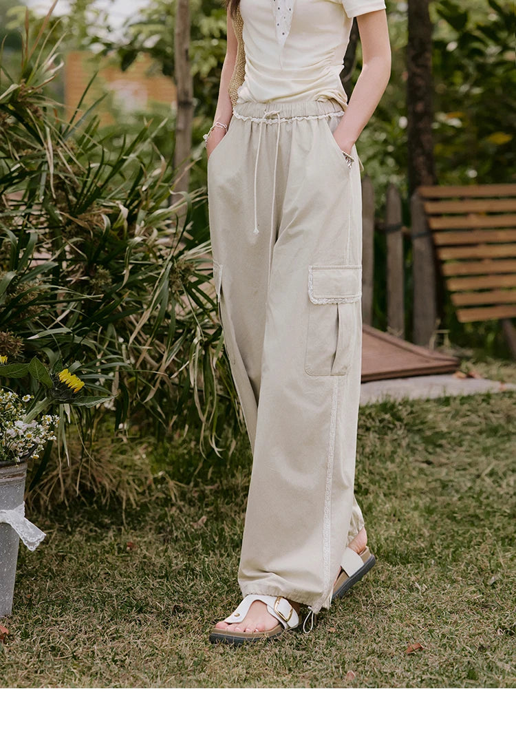 MISHOW Apricot Cargo Pants for Women in Summer 2025 Lace Patchwork Casual Pants Drawstring Elastic Waisted Trousers MXE33K0935