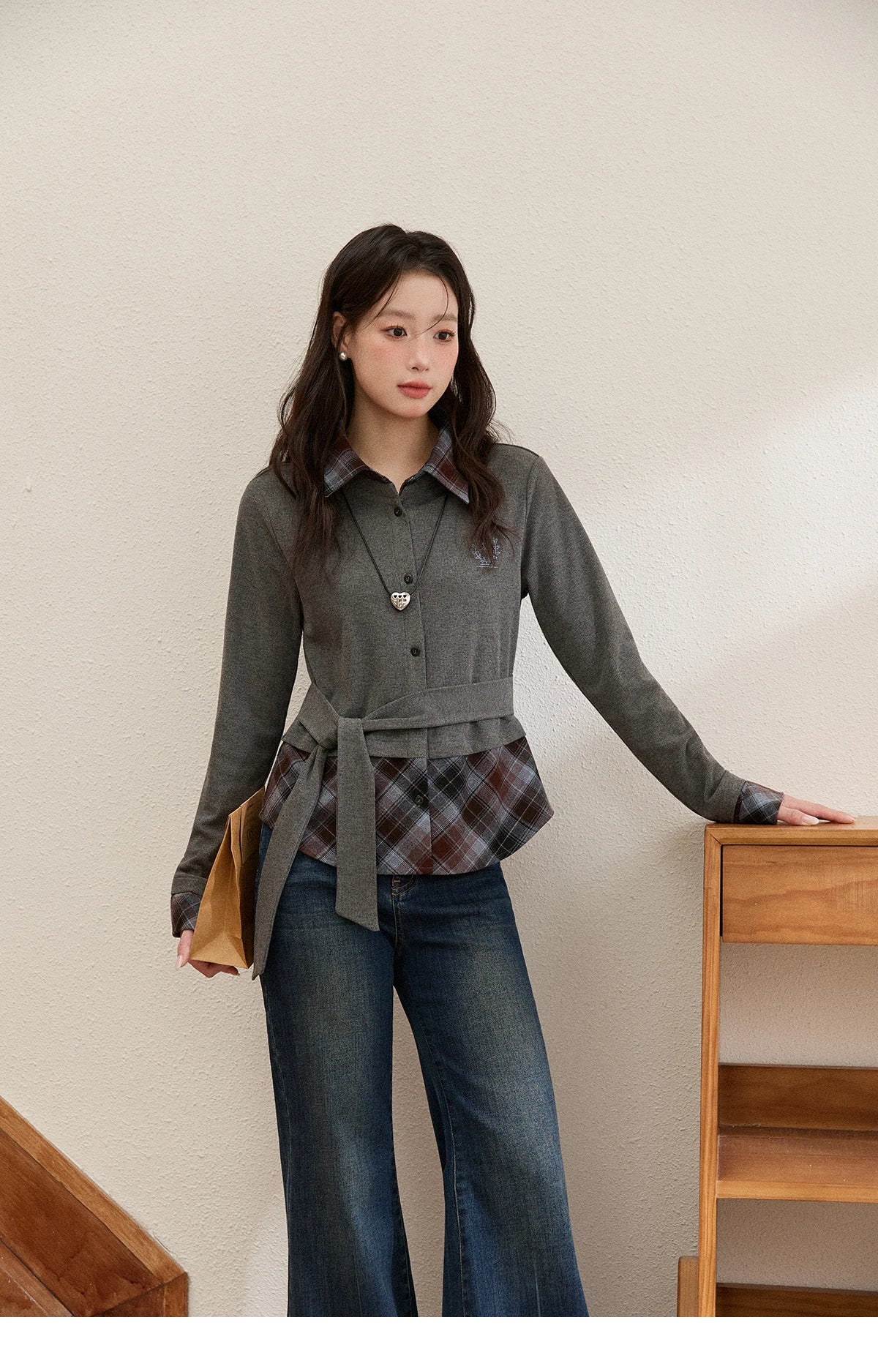 MISHOW Women's Shirt 2025 Autumn Winter Fake Two-piece Plaid Patchwork Knit Top Lapel Waist Tie Embroidery Design Top MXE89C2421