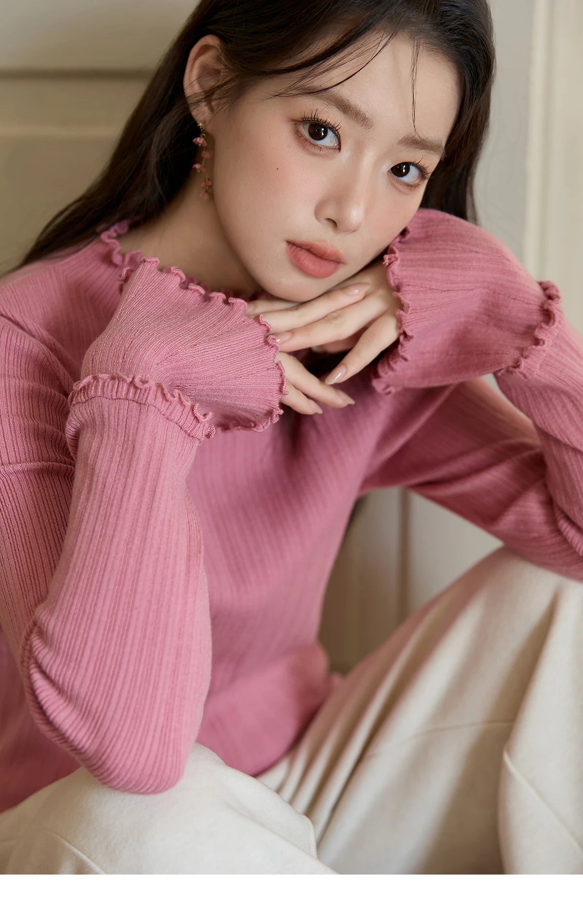 MISHOW Women's Long Sleeve Top 2025 Autumn New Casual Solid Turtleneck Slim Knit Wood Ear Edge Trumpet Sleeve Top MXE51Z2552