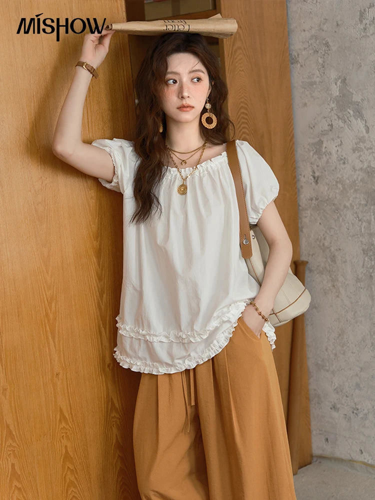 MISHOW Women's Fashion Puff Sleeve Blouse 2025 Summer Casual O-Neck Edible Tree Fungus Spliced Top Female Clothing MXE39X1929