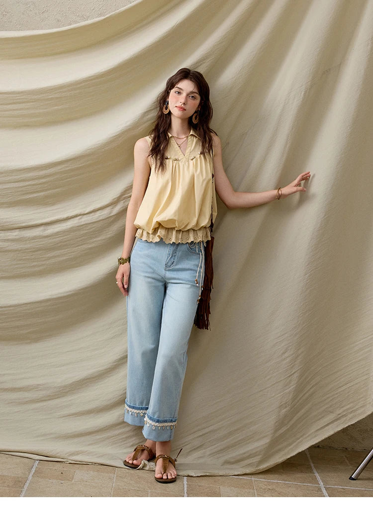 MISHOW Office Lady New Blouse Women Summer New Sleeveless Turn-down Collar Hollow Lace Shirts Female Slimming Fashion MXE31X1760