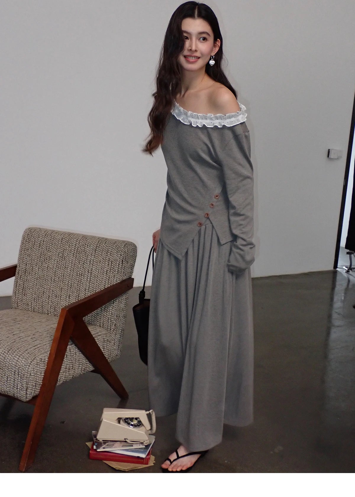 MISHOW Women's Grey Irregular Top Elastic Waist Skirt Two-Piece Set Spring Off-Shoulder Lace Trim Top Maxi Skirt Set MXF13T1479