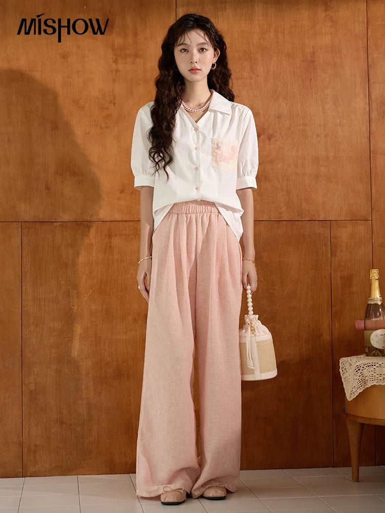 MISHOW Women's 100 Cotton Short Sleeved Shirt Loose 2025 Summer Embroidered Pocket Top Polo Neck Puff Sleeve Shirts MXD26C0243