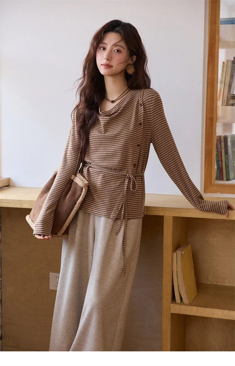 Mishow Retro Crew Neck Tie-Up Striped Top MXE87Z2700