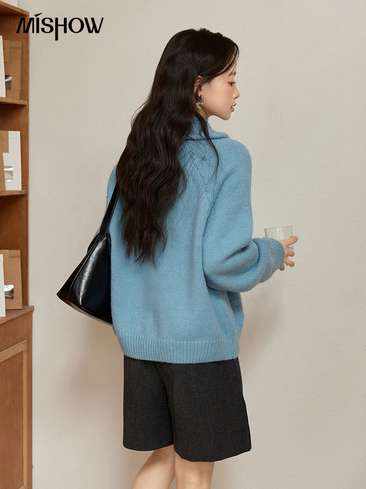 MISHOW Zipper Knit Cardigan Women 2025 Winter Yellow Turn-down Collar Loose Thick Sweater Luxury Comfort Casual Top MXE49Z2619