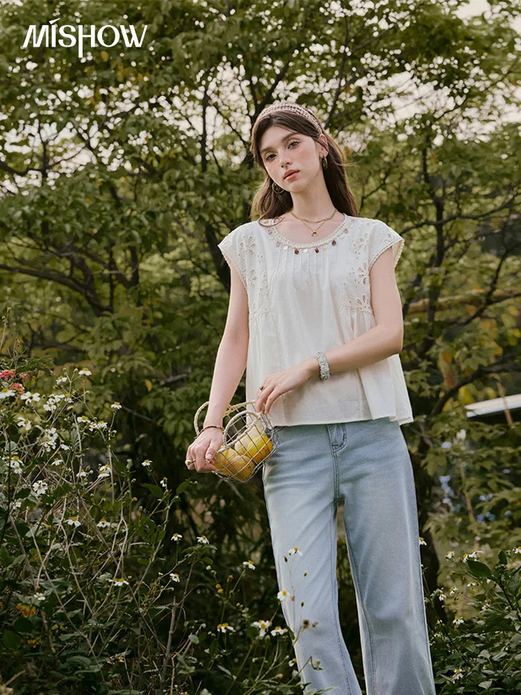 MISHOW French Summer Elegant Blouses Women 2025 Solid Short Flying Sleeve Round Neck Hollow Lace Shirts Woman Fashion MXE33X1778