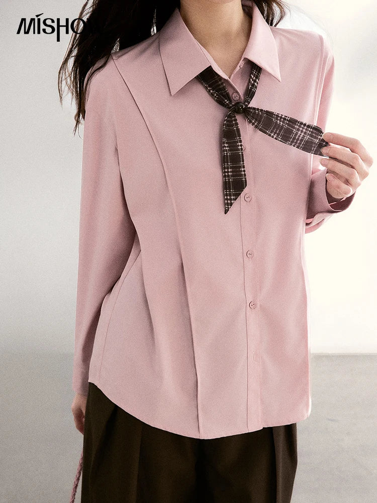 MISHOW Women's Casual Loose Shirt with Plaid Scarf 2026 Spring Lapel Tops Versatile Long Sleeve Shirts Office Lady MXF108C0815