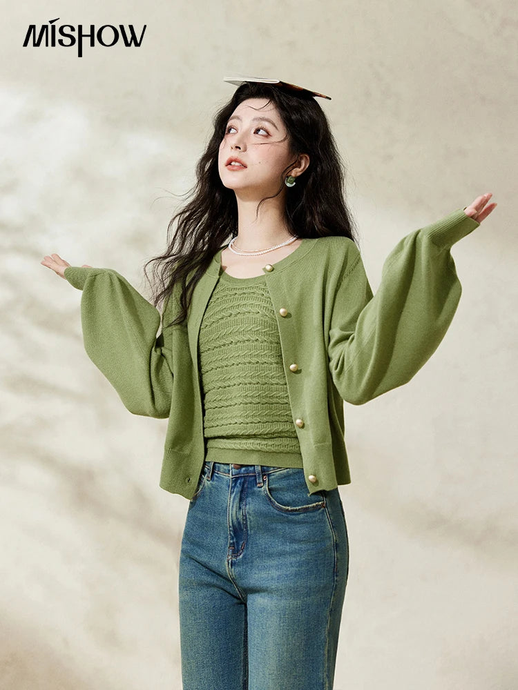 MISHOW Avocado Green Knitted Cardigan Vest Separately Spring Metal Single Breasted Button Top Crochet U-neck Camisole MXE11Z1188