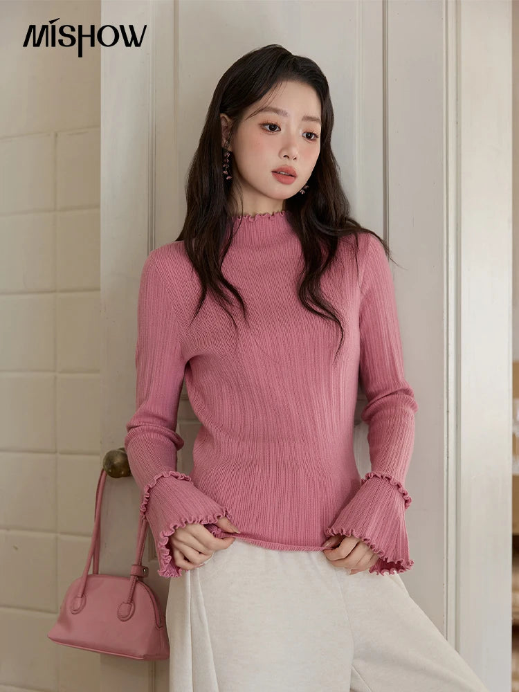 MISHOW Women's Long Sleeve Top 2025 Autumn New Casual Solid Turtleneck Slim Knit Wood Ear Edge Trumpet Sleeve Top MXE51Z2552