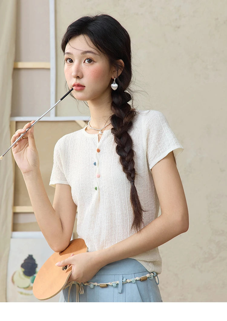 MISHOW Short Sleeved Knitted T-shirt for Women Summer 2025 Twisted Design Dopamine Button Tees Slim Breathable Top MXE34Z1243