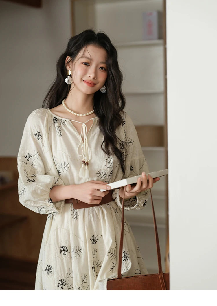 MISHOW Embroidered Doll Dress 2025 Seven Cent Lantern Sleeve Dress O-neck Tassel Lace-up Cotton Dress with Waist Belt MXE41L2480