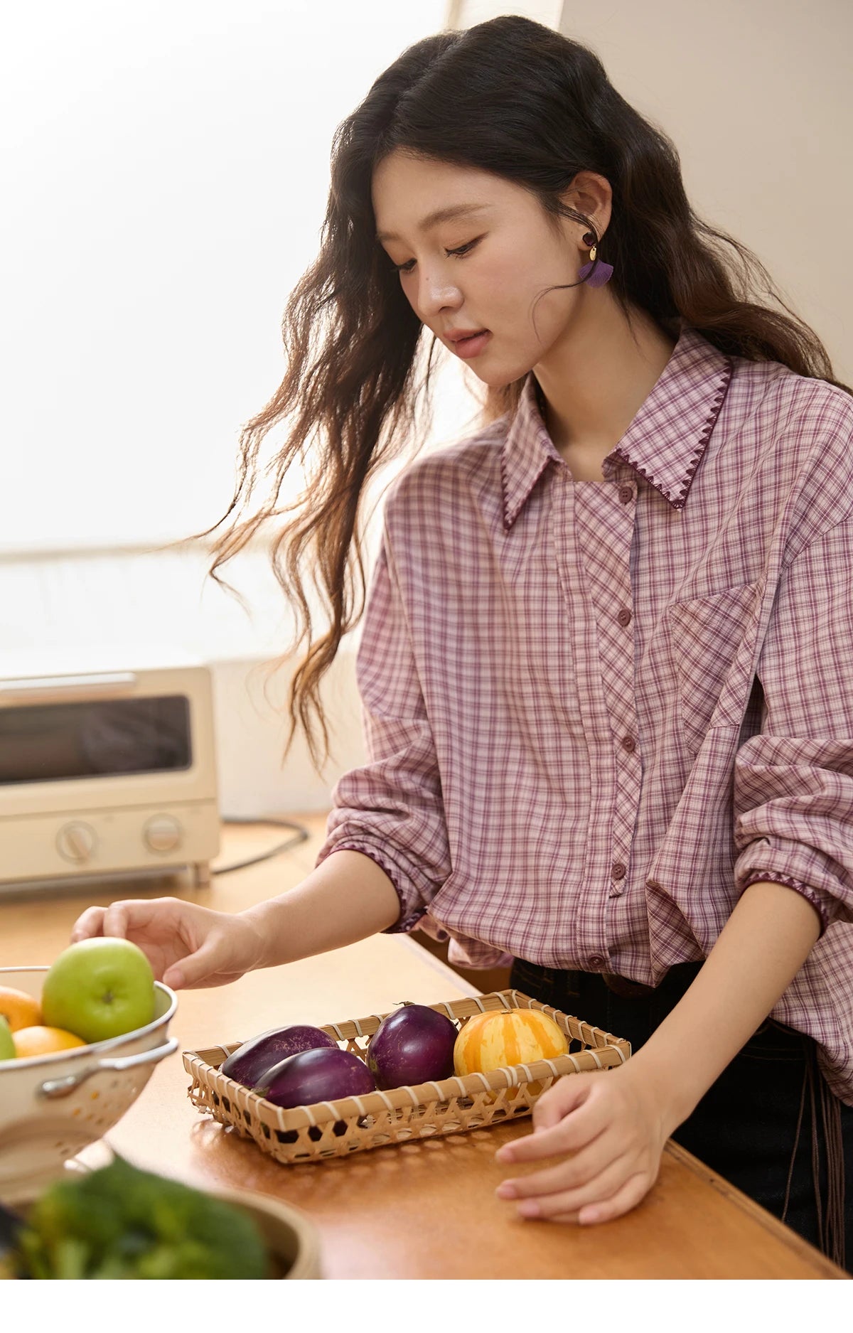 MISHOW Purple Plaid Shirt for Women Autumn 2025 Contrasting Embroidery Irregular Placket Shirt with Pocket Casual Top MXE44C2394