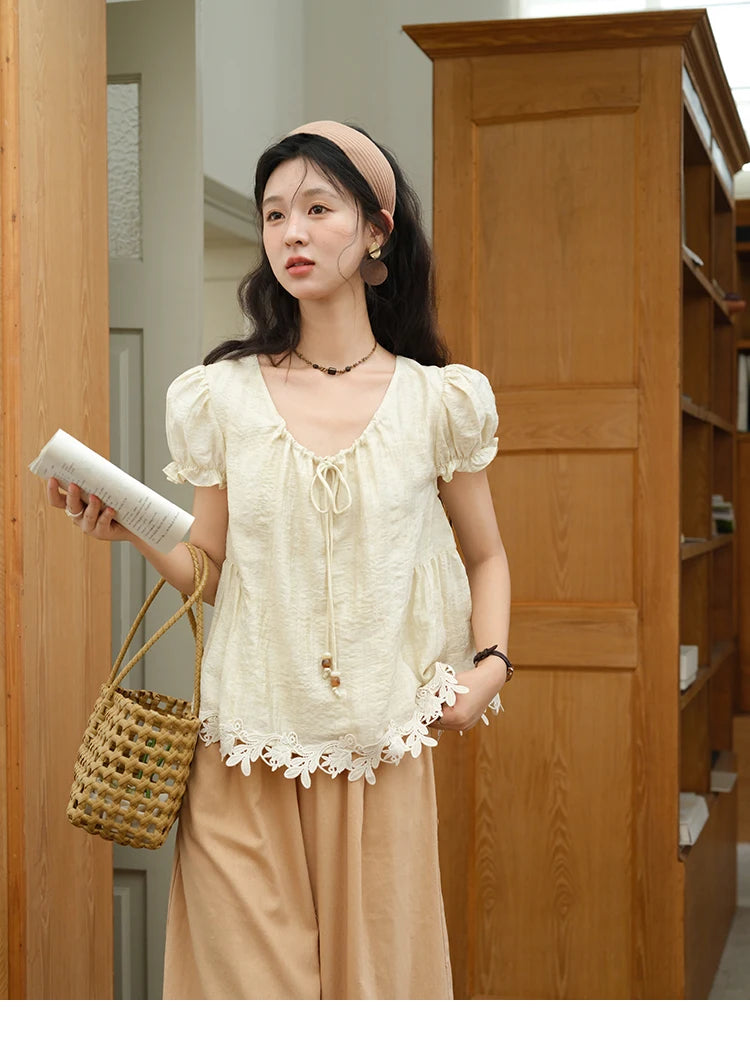 MISHOW Women's French Round Neck Lace Up Blouse 2025 Summer Embroidery Puff Sleeve Flower Spliced Commut Short Top MXE39X1956