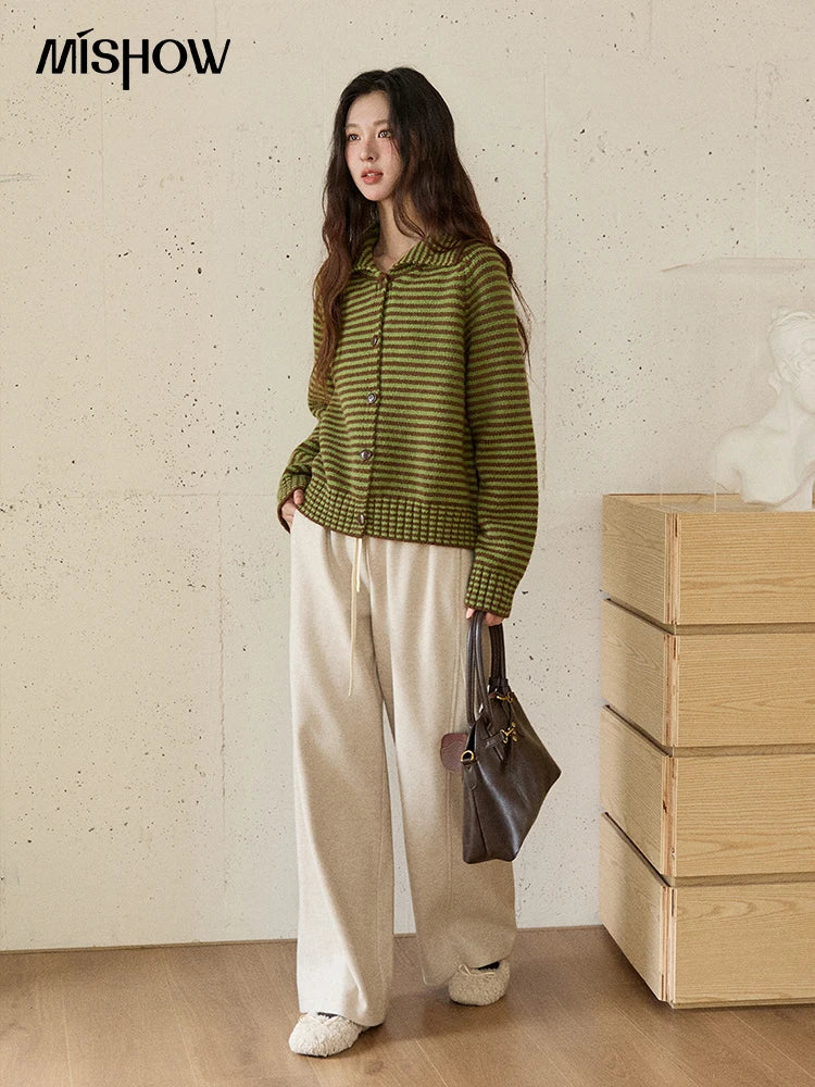 MISHOW New Striped Knitted Cardigan 2025 Autumn Winter Retro Stand-up Collar Raglan Sleeve Cardigan Commute Loose Top MXE88Z2690