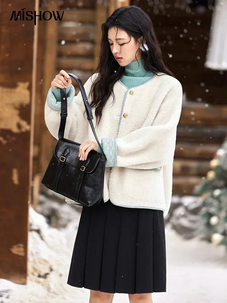 MISHOW Lamb Wool Jacket Women Cuffs Spliced Lace Metal Buttons Design Suede Plush Soft Warm Solid Leather Fur Coats MXD58W0740