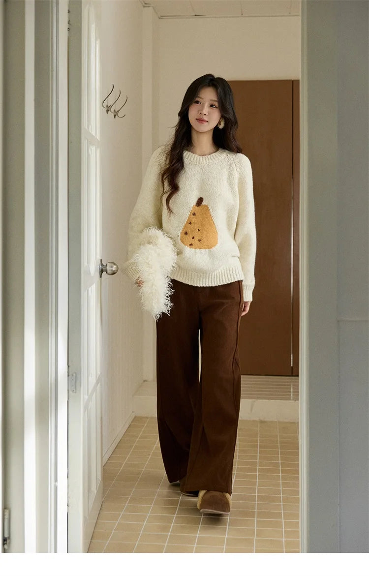 MISHOW Pear Pattern Jacquard Knitted Sweater Autumn Winter Crew Neck Loose Sweaters Wool Blend Warm Pullover Tops MXE94Z2959