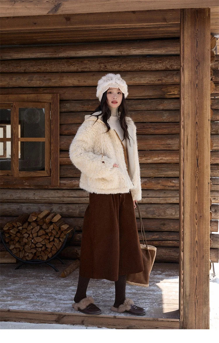 MISHOW Winter Jacket Women 2025 Fashion Beige Knitted Hooded Plush Coat Casual Commute Warm Windproof Short Coat MXE86W0908