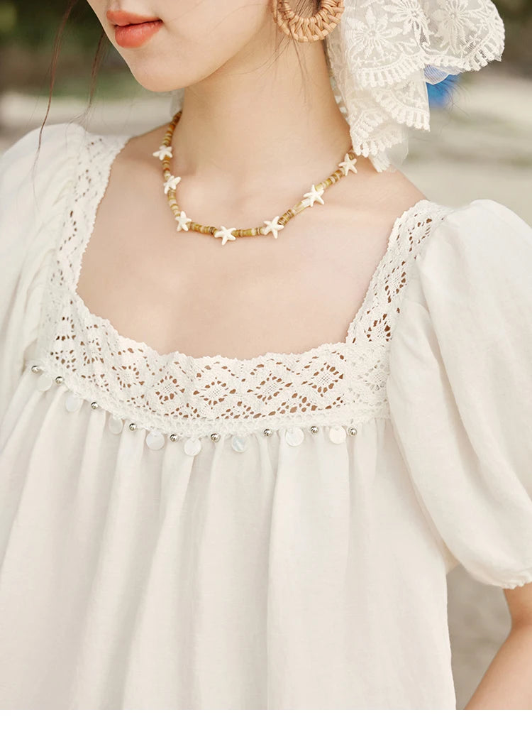 MISHOW French New Shirts Women Summer 2025 Short Puff Sleeve Square Collar Solid Splicing Lace Blouses Female Holiday MXE32X1780