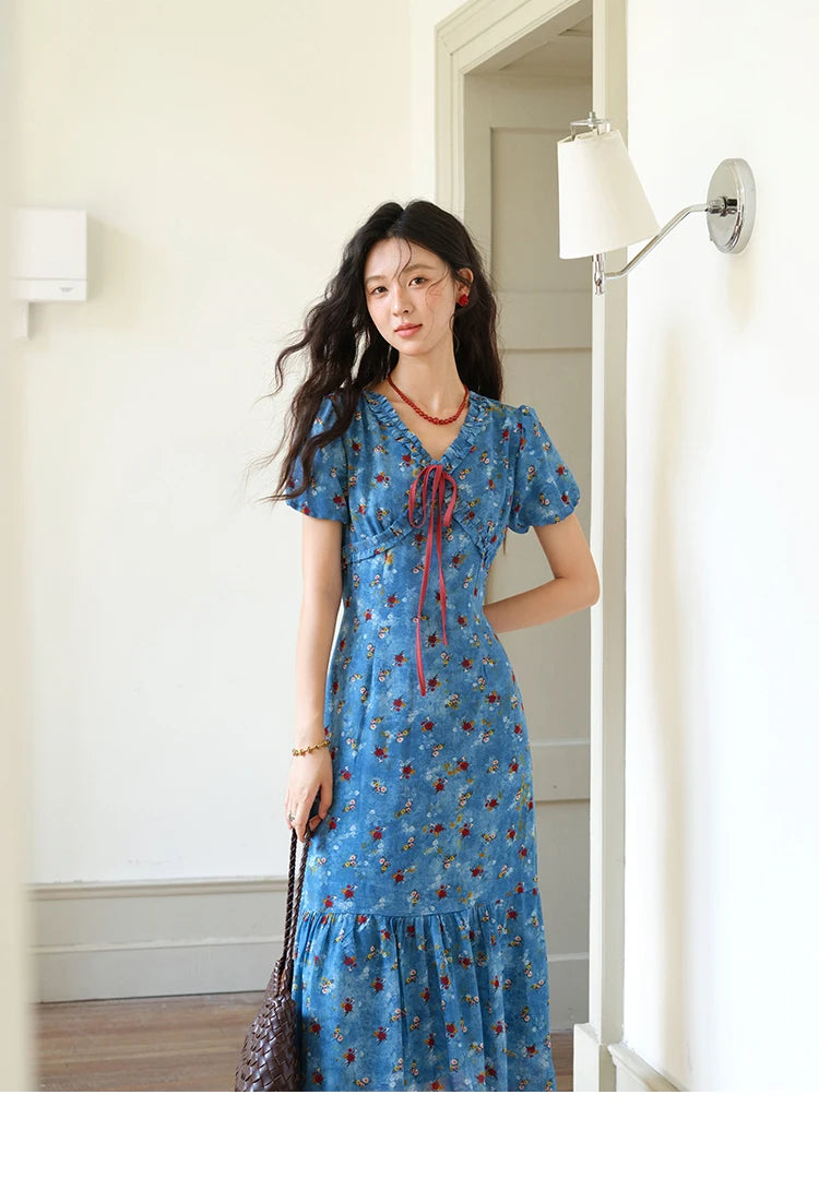 MISHOW Women's V-neck Lace Up Dress 2025 Summer New Female Fashion Puff Sleeve Chiffon Print Dresses Ladies Clothing MXE39L2401