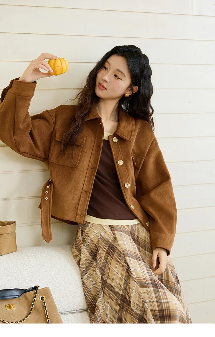 MISHOW Short Jacket for Women 2025 Autumn New Brown Lapel Metal Button Decorated Jacket Windproof Commuter Outerwear MXE46W0864