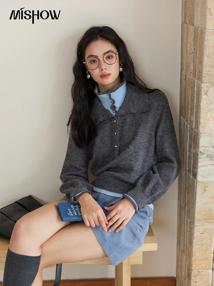 MISHOW Elegant Women's Sweaters 2025 Autumn Designer Knitted Double-layer Turn-down Collar Loose Long Sleeves Tops MXE45Z2502