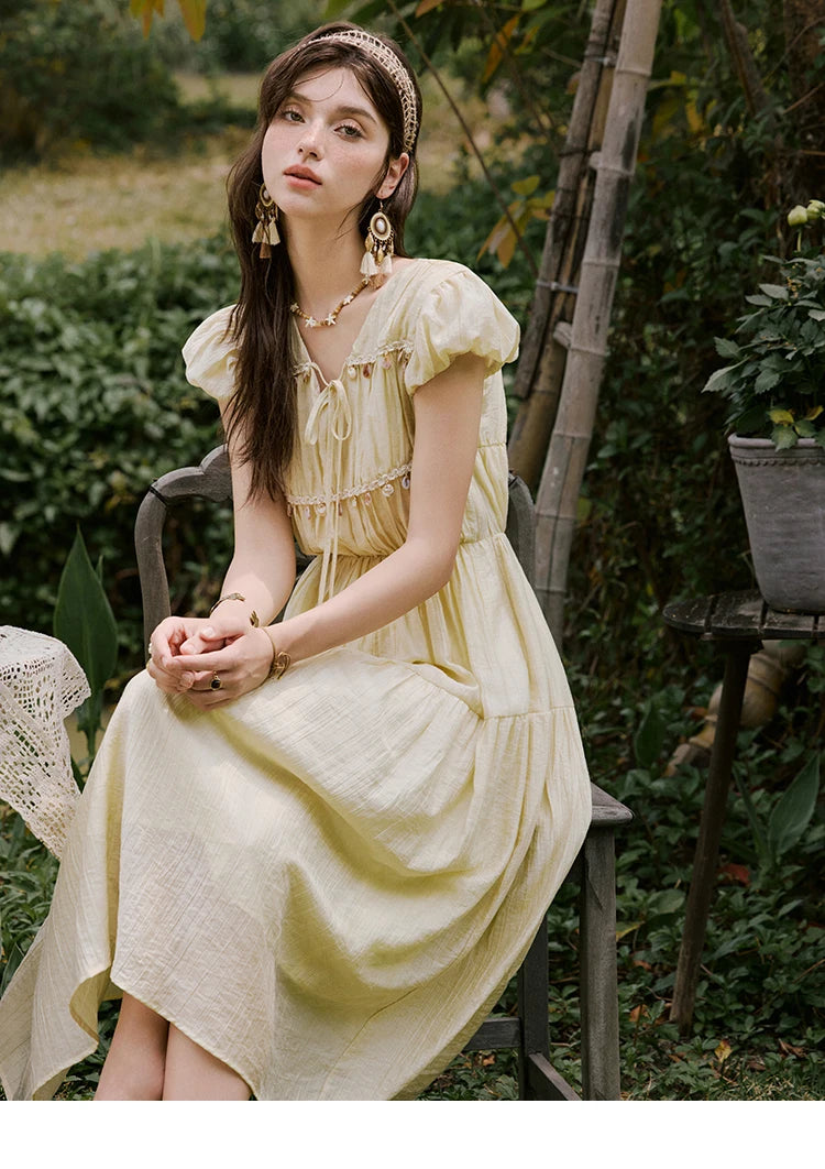 MISHOW Holiday Summer Dresses Women 2025 Solid V-neck Short Puff Sleeve Shell Ribbon High Waist Dress Woman Fashion MXE33L2193