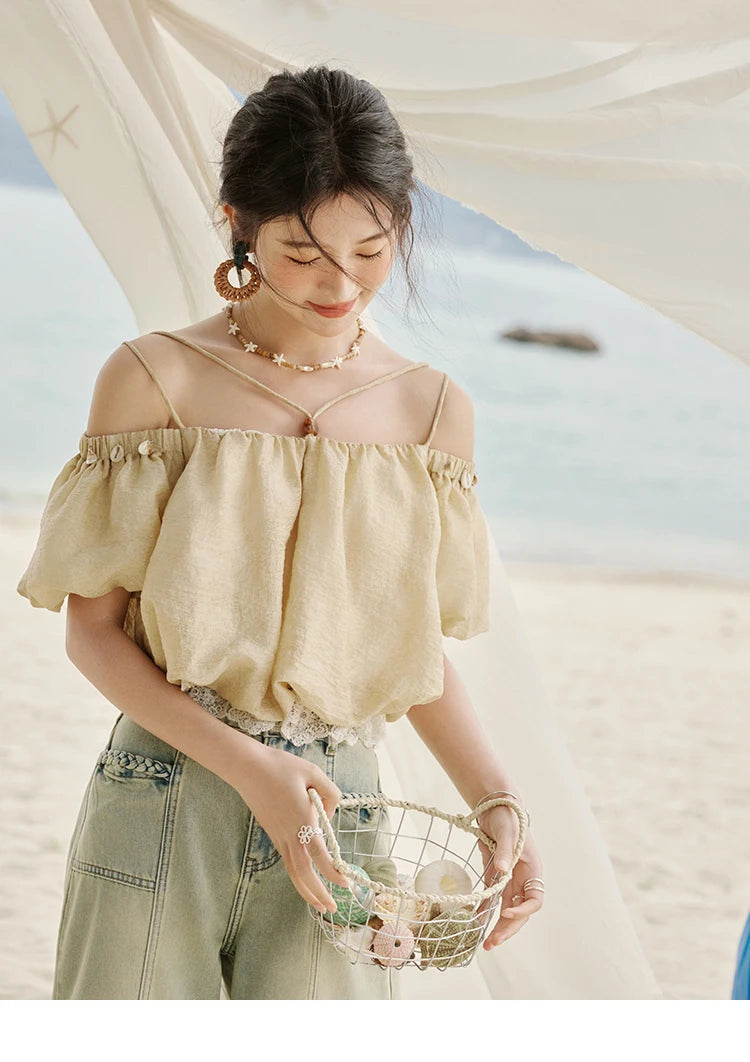 MISHOW French Summer Camisole Shirt Female 2025 New Solid Off-shoulder Short Sleeve Lace Tops Fashion Gentle Blouses MXE33X1755