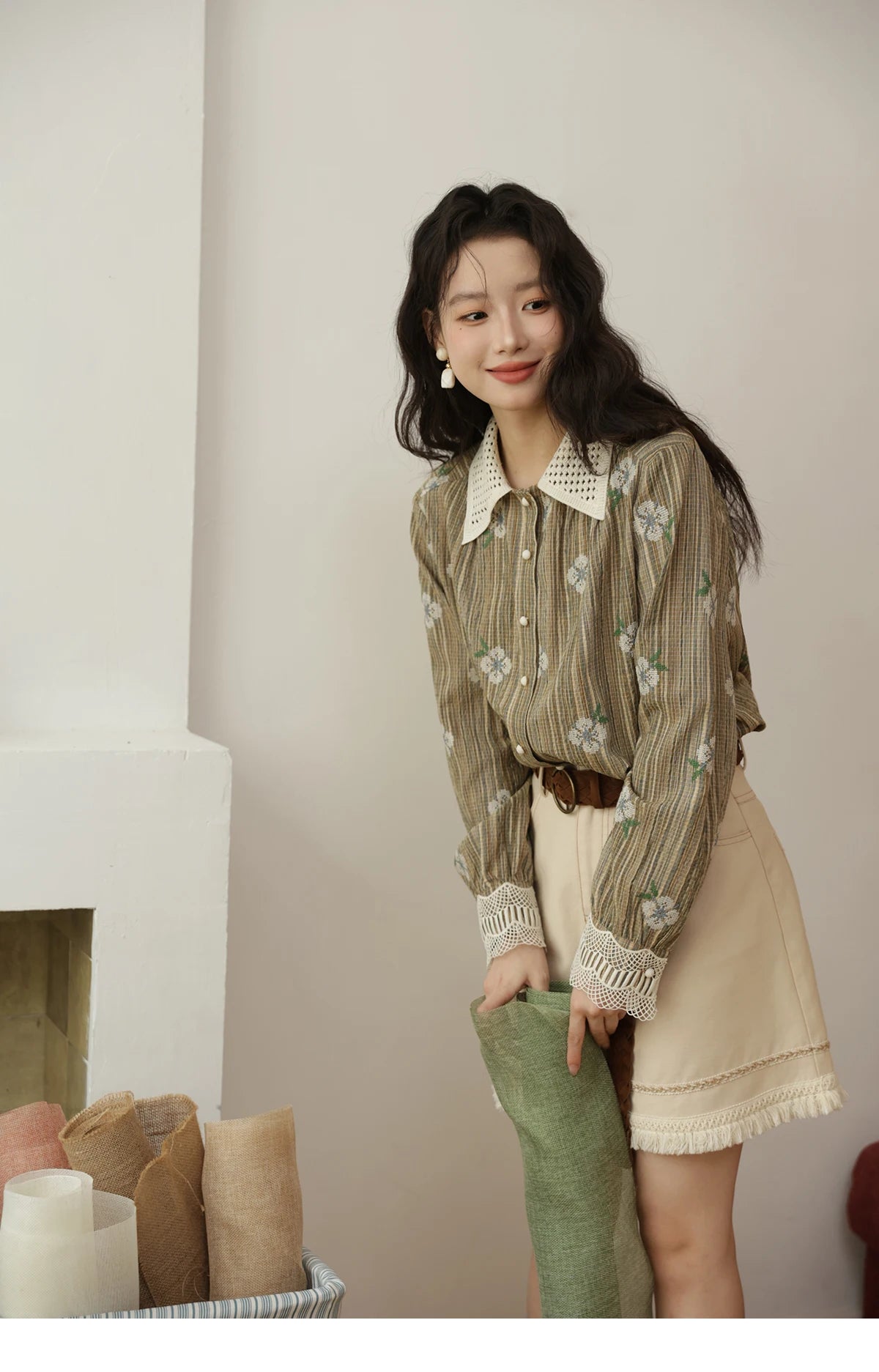 MISHOW Embroidered Shirt for Women Autumn 2025 Hollowed Out Woven Lapel Tops Lace Cuffs Vintage Long Sleeved Shirt MXE44C2393