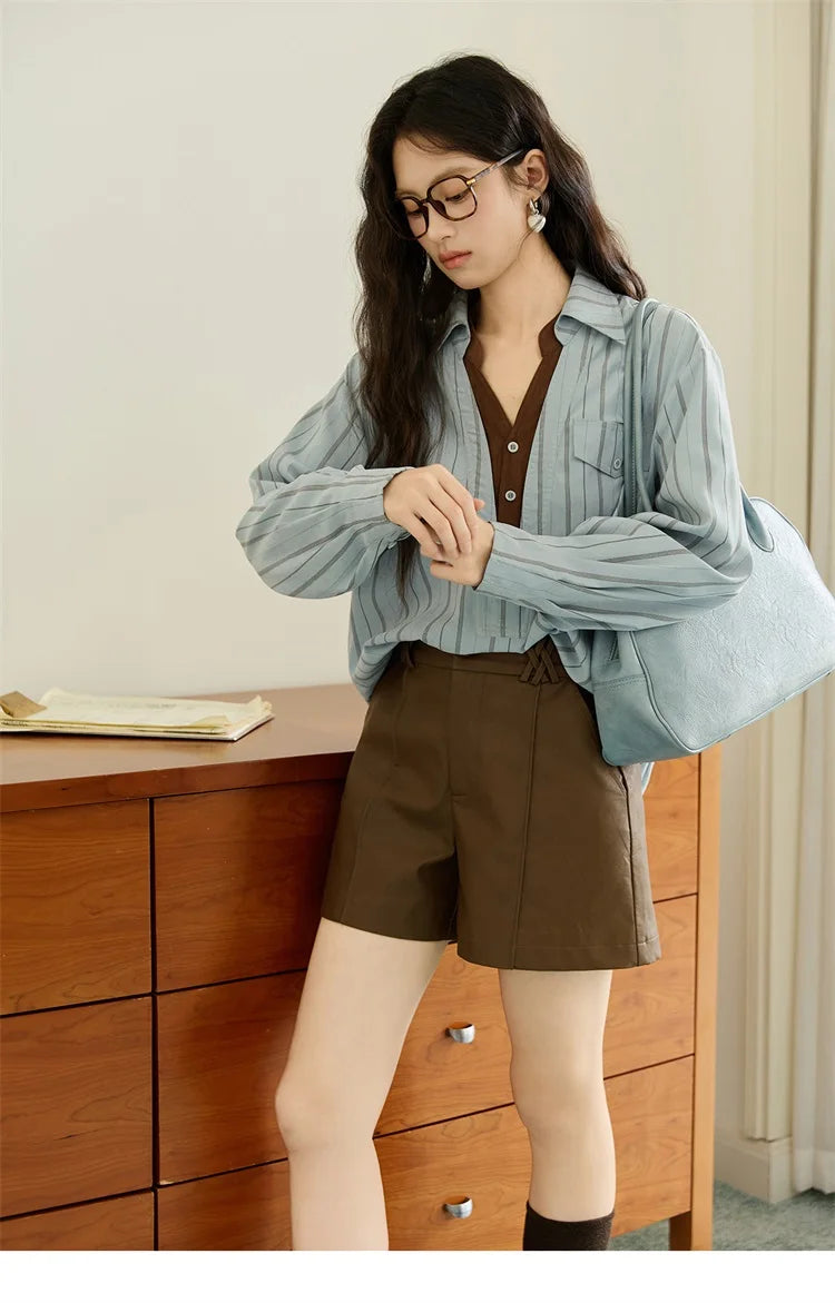 MISHOW Peach Skin Velvet Stripe Shirt for Women Autumn 2025 Double Layered Collar Contrasting Color Shirt Commute Top MXE47C2408