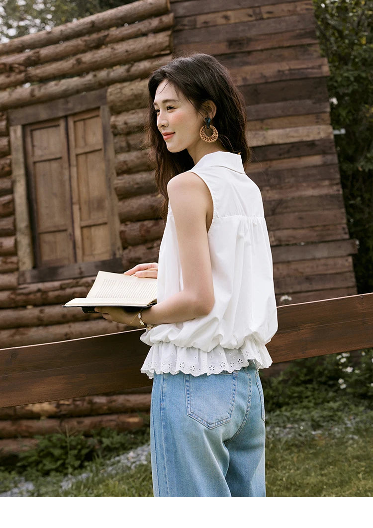 MISHOW Office Lady New Blouse Women Summer New Sleeveless Turn-down Collar Hollow Lace Shirts Female Slimming Fashion MXE31X1760