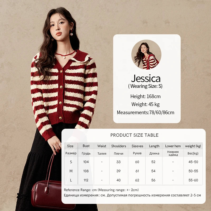 MISHOW Christmas Red Striped Turn Down Collar Cropped Cardigan Thickened Warm Wool Blend Sweater Soft Knitted Tops MXD58Z1038