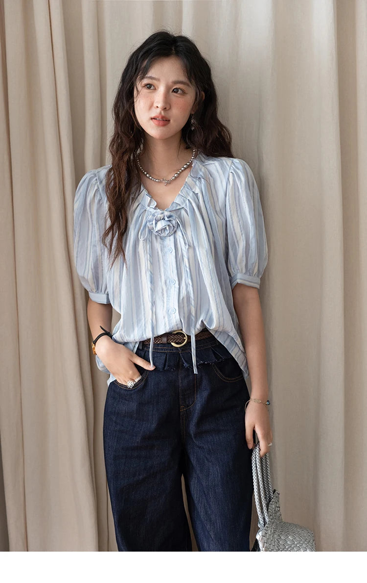 MISHOW Women's Striped Casual Shirt 2025 Summer New Lady Fashion Puff Sleeve V-Neck Button Blue Shirt Female Clothing MXE36X1870