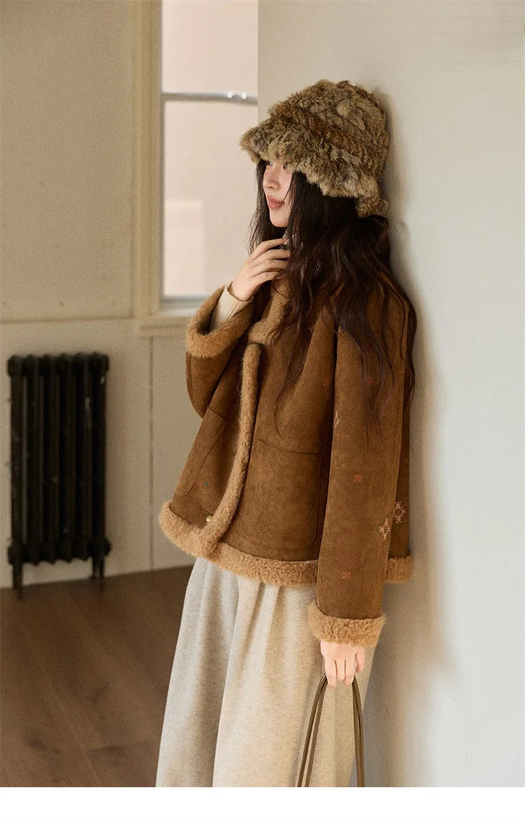 MISHOW Women Brown Jacket 2025 Winter Retro Stand Collar Single-Breasted Windproof Coat Comfortable Long-Sleeve Coat MXE86W0910