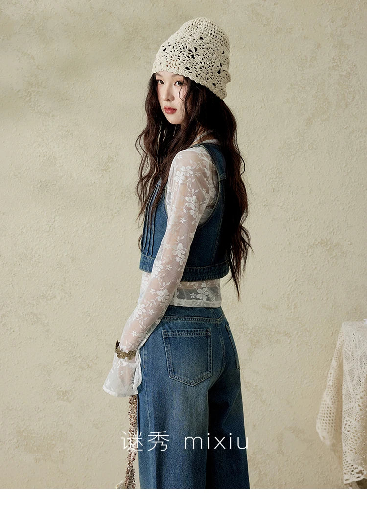 MISHOW Retro Denim Vest Coat for Women Spring Summer 2025 Deep Blue V-neck Short Versatile Outer Outfit U-neck Ccoats MXE16W0750