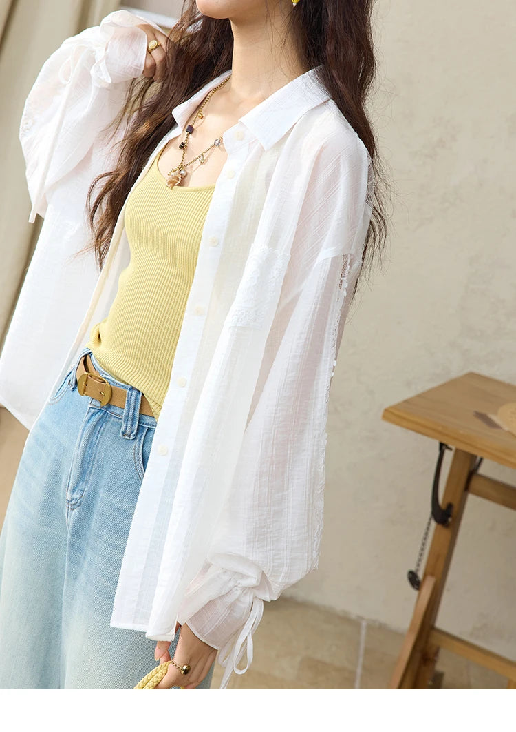 MISHOW Blend Patchwork Lace Cool Shirt Female Autumn 2025 Korean Loose Lapel Drop Sleeve Shirts Drawstring Cuffs Top MXE31C0789