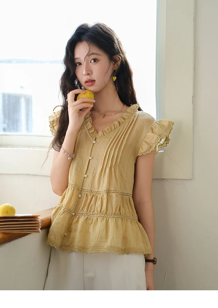 MISHOW Women's Summer Shirt 2025 New Wood Ear V-neck Flying Sleeve Shirt Casual Wrinkle Spliced Button Ladies Top MXE37X1908