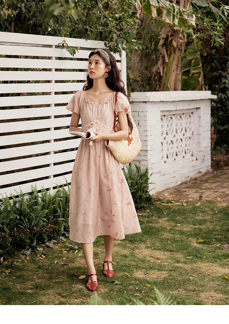 MISHOW Print Office Lady Dress Women Summer 2025 Short Sleeve Round Neck Beaded Neckline Slim Waist Dresses Female MXE33L2208